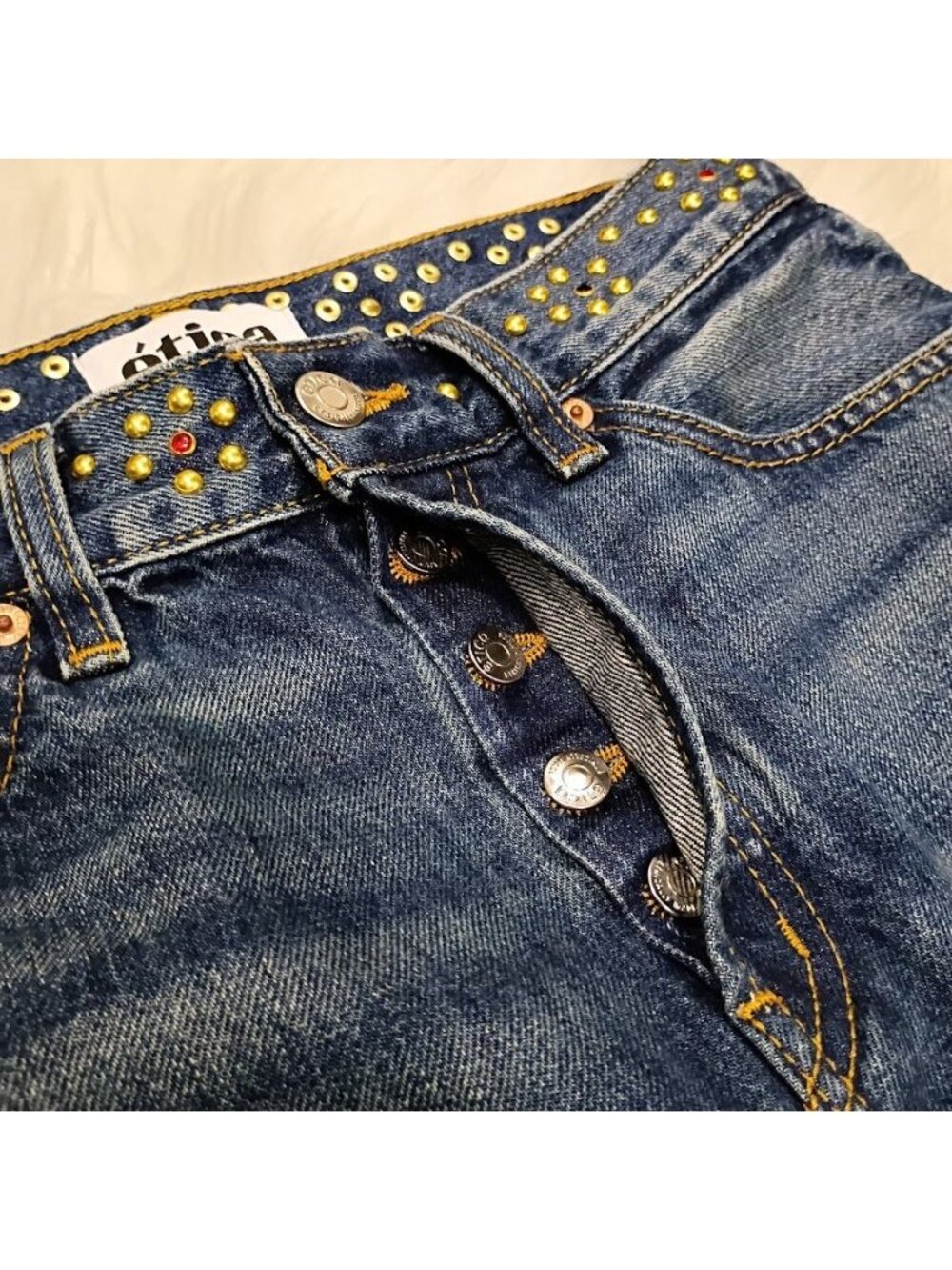 Ética Womens Denim Mini Skirt Blue Size 24 Organic Cotton Studded Frayed Hem New - Picture 9 of 15